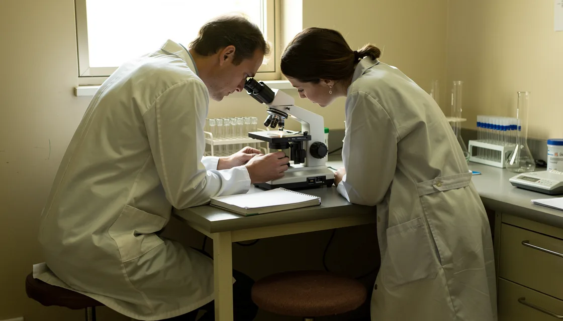 Two laboratory workers discussing a microscope slide at a daylight bench
