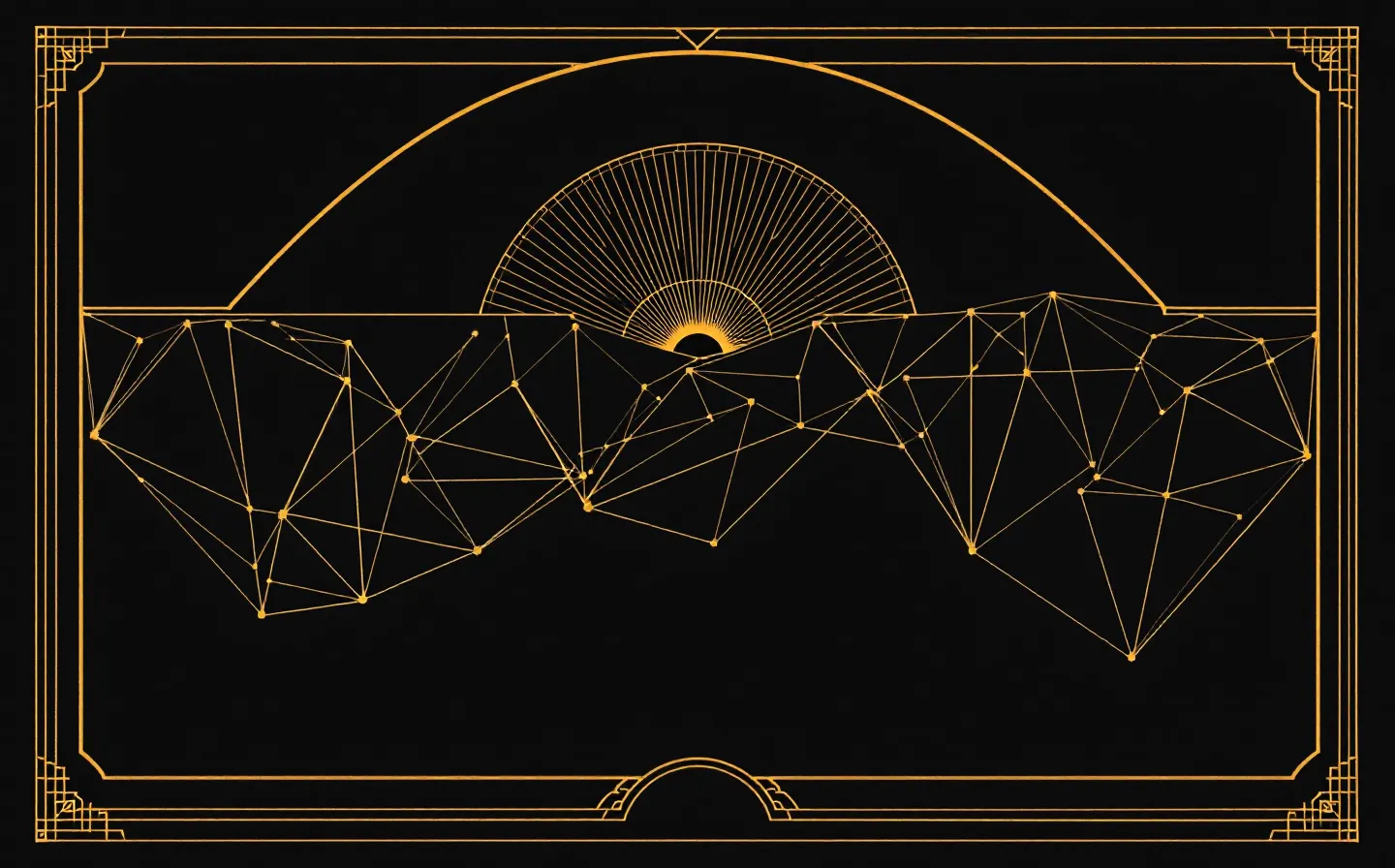 A gilt Art Deco engraving of an abstract fifteen-bead peptide chain in two-tone gold inside a stepped Deco frame with a faint sunburst, on a true-black ground
