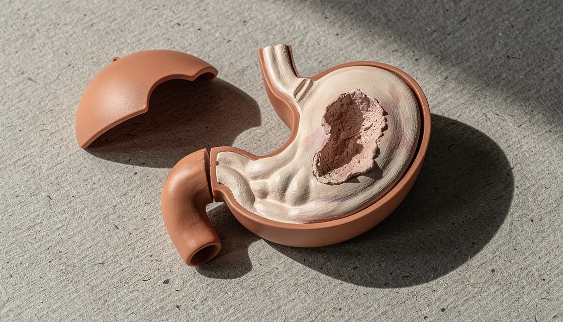 A terracotta stomach model with a cutaway showing an uneven inner lining